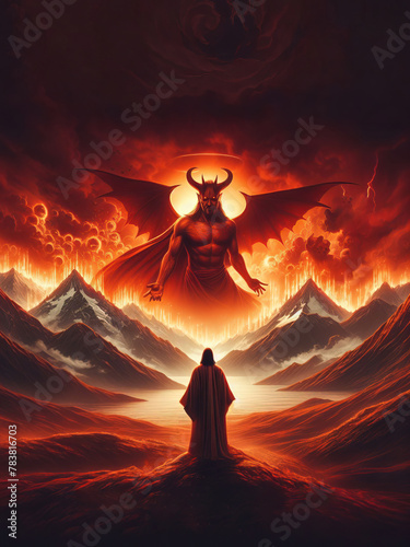 Jesus in the desert before the devil who tries to tempt Him