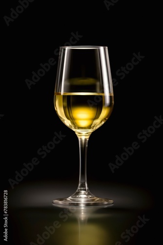 Glass of white wine on black background.