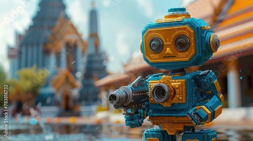 Chubby Robot with Water Gun Frolicking in Front of Iconic Temple