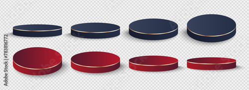 Set of luxury vector podiums in red and blue colors with gold edging. Round podiums for displaying products, trading cards, presentations, promotions. Background for jewelry, cosmetics and perfumes.
