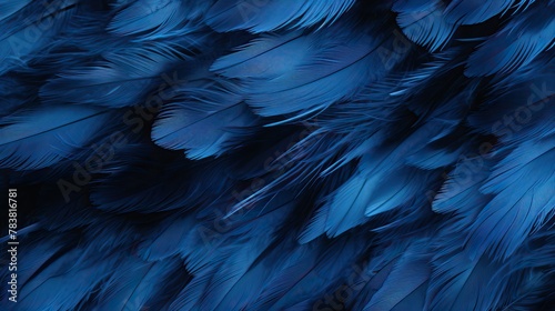Detailed view of dark blue feathers from a blue bird up close. Generative AI photo