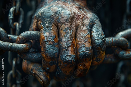 Detailed texture of oil-streaked hands gripping a heavy chain, symbolizing strength and labor