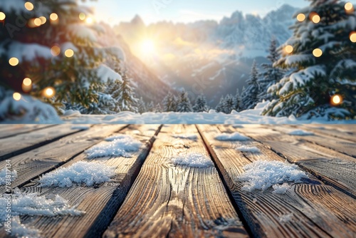 Freshly fallen snow rests on a worn wooden table, with a soft-focus backdrop of snow-covered pine trees and warm sunlight