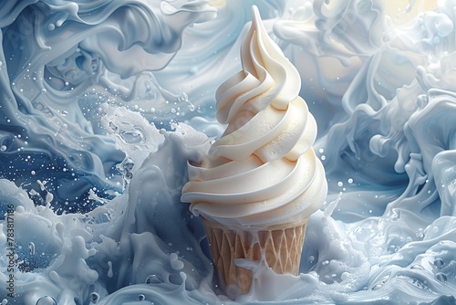 Ice cream cone against an abstract background resembling whipped cream photo