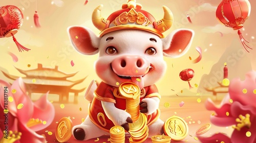 Cute cow in Chinese costume eating gold coin cookies, Translation: Good luck, good fortune.