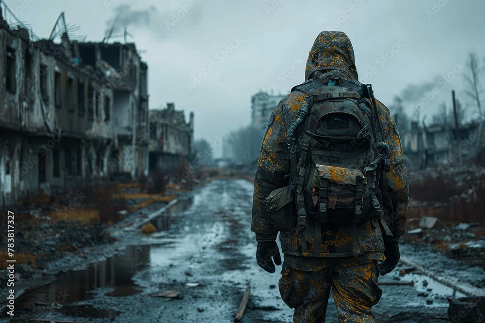 A haunting composition showing a soldier coated in yellow powder, blending with the desolate surroundings A haunting composition showing a soldier coated in yellow powder, blending with the desolate surroundings
