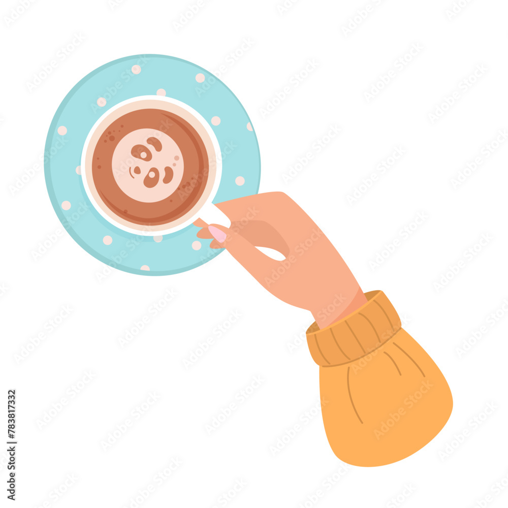Naklejka premium Woman hand holding ceramic cup with coffee. View of mug and saucer from above. Animal is painted on foam from coffee. Hot drink for breakfast, break, winter evening. Cartoon vector illustration