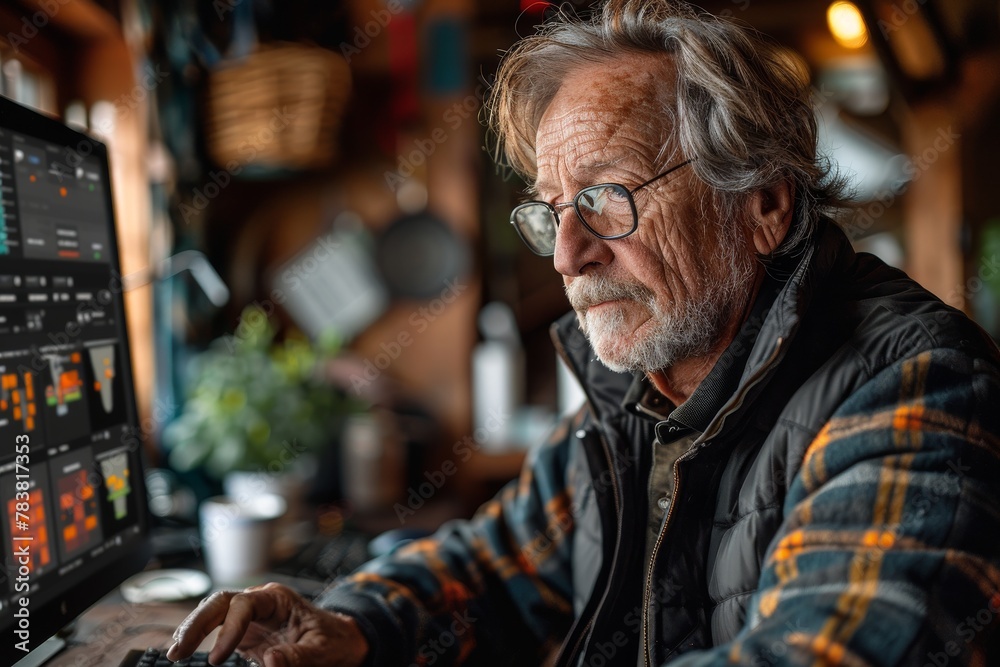 An elderly individual with a blurred face focuses on a computer amidst a cluttered desk filled with technology and plants