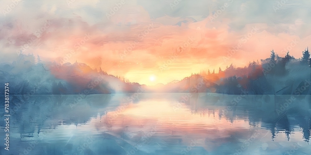 Serene Lake Sunrise with Mist at Dawn Soft Hues Painting the Sky Tranquil and Atmospheric Landscape