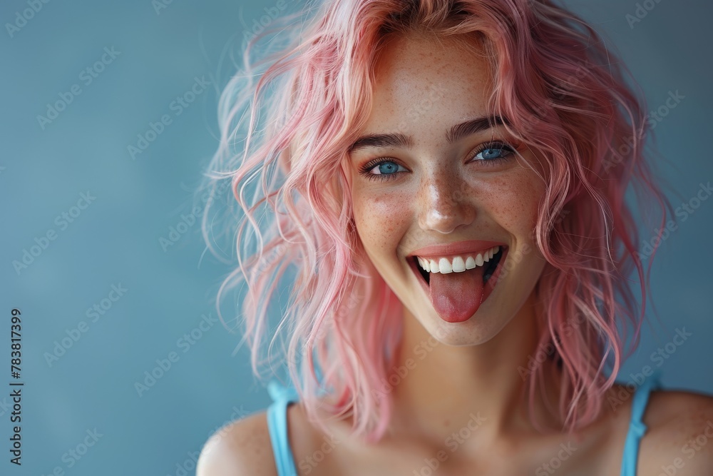 A portrait of a young woman with striking pink hair and freckles sticking her tongue out in a joyful manner