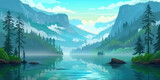 Mountain lake. Quiet serene lake against the backdrop of majestic mountains, illustration.