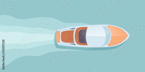 Top view sea boat vector illustration. Aerial view of speedboat. Water vessel. Speed maritime transport