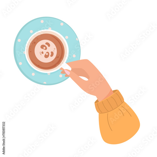 Woman hand holding ceramic cup with coffee. View of mug and saucer from above. Animal is painted on foam from coffee. Hot drink for breakfast, break, winter evening. Cartoon vector illustration © backup_studio