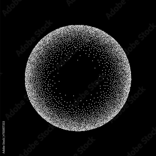 Radial grain pattern, pointillism vector illustration. Abstract circle with gradient stipple noise texture and dots gradation with circular spin effect, monochrome dotwork on black background