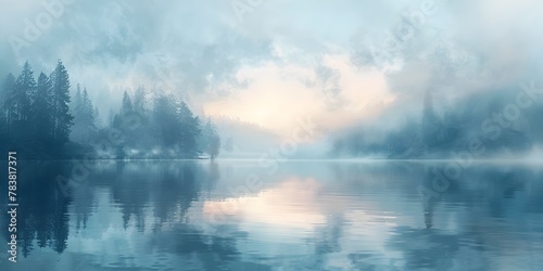 Serene Misty Lake at Dawn with Soft Sunrise Hues Painting the Sky and Reflecting in the Water