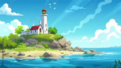 Illustration with house on rocky coast in ocean. Beacon and building on harbor. Beautiful panoramic seascape. Cartoon modern seascape background with lighthouse on island.