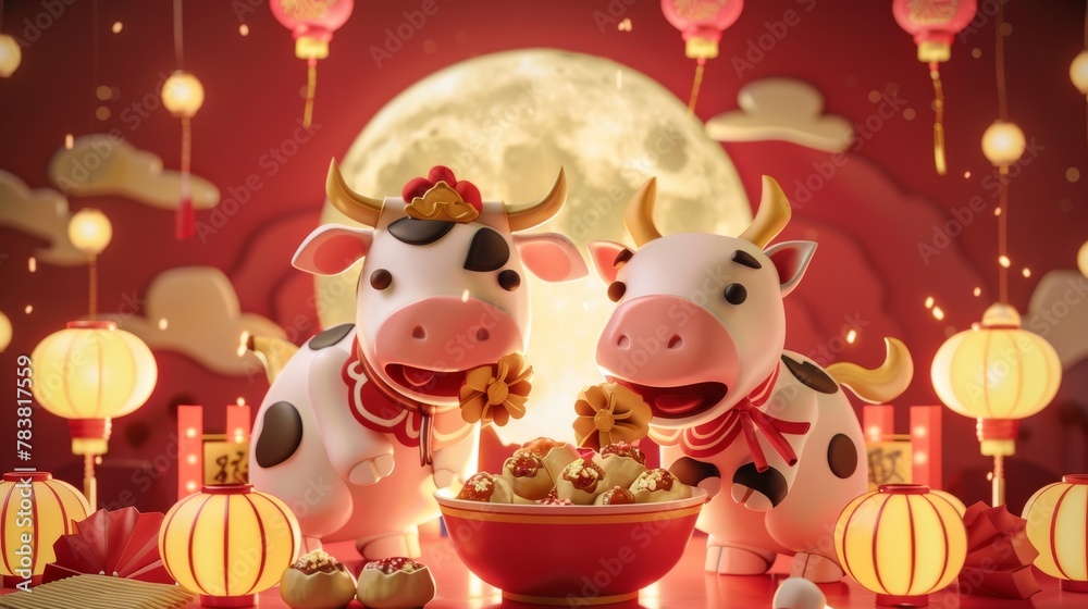 Naklejka premium 3D cartoon of a cute cow eating delicious sweet dumplings under a full moon in 2021. Translation: Happy lantern festival!