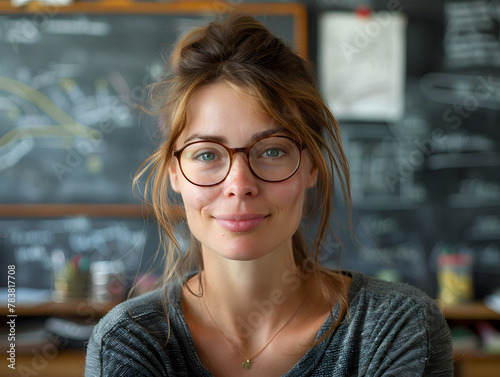 A female teacher with beautiful eyes and a messy bun stands in front of a blackboard. © wing