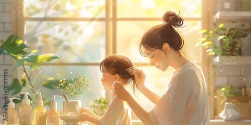 Mother Gently Brushing Her Child s Hair in Golden Morning Light