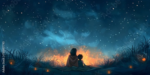 A Mother and Child Watching the Starry Night Sky from Their Backyard Bonding under a Cozy Blanket as They Dream Together in the Peaceful Atmosphere
