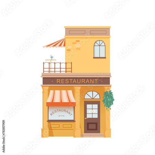 Restaurant building front view vector illustration. City exterior facade of cafe in old town. Italian small family business. Urban infrastructure infographics