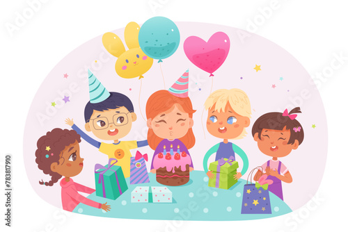 Child birthday party. Happy girls and boys celebrating birthday. Children holding gift boxes. Kids cartoon characters in b-day hats with colorful balloons and cake with candles