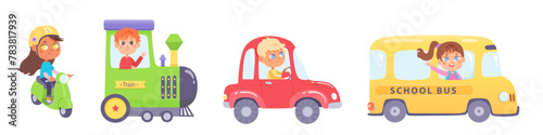 Cute kids ground transport set vector illustration. Cartoon driving children isolated on white background. Boys and girls going by car, scooter, train, school bus. City transportation infrastructure © backup_studio