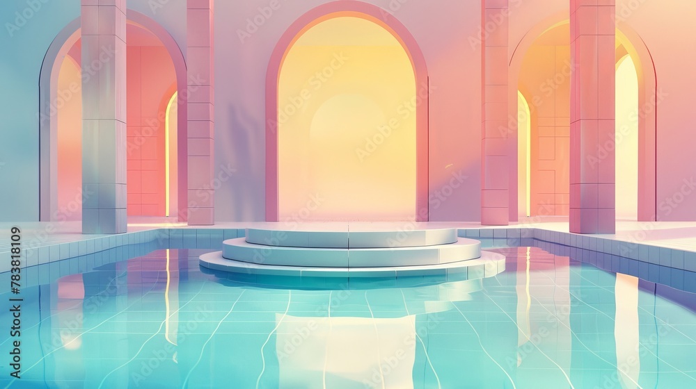 Backdrop of a swimming pool in 3D. Illustration of a display podium floating in a swimming pool with arches on the walls in the background.