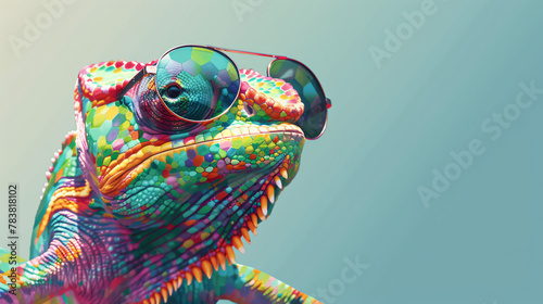 Chameleon wearing sunglasses on a solid colour