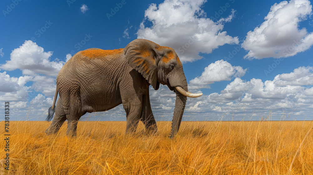 Fototapeta premium An elephant stands in a field of tall grass, surrounded by a cloudy blue sky dotted with white, puffy clouds