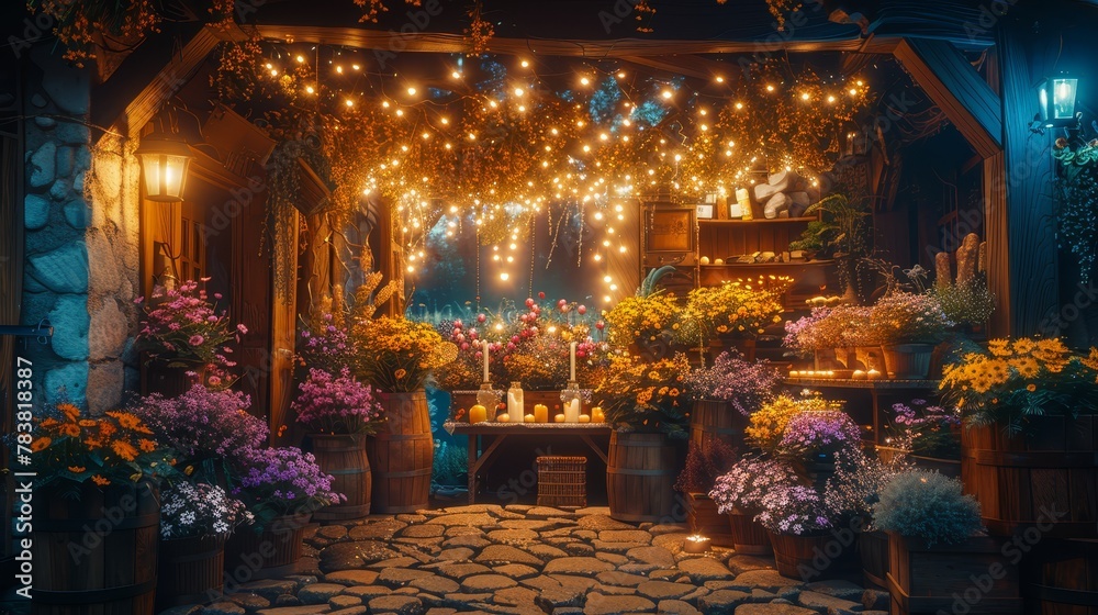   A room brimming with numerous potted plants adjacent to a table, where a lit candle sits atop