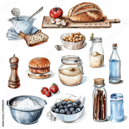 set of illustrations on the theme of cooking, ingredients for cooking and baking, jars, bottles, bread, kitchen utensils, vintage aesthetic, clipart illustration on a transparent background