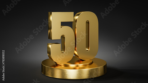 The number 50 on a pedestal / podium in golden color in front of dark background with spot light.