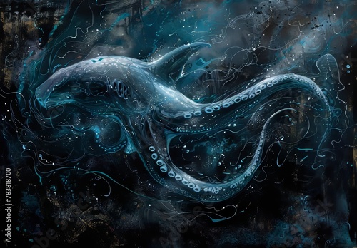 Imaginative portraits of marine predators like sharks, octopuses, or eels, portrayed in shadowy depths with bioluminescent accents and swirling, surreal patterns, reminiscent of creatures from the dep photo