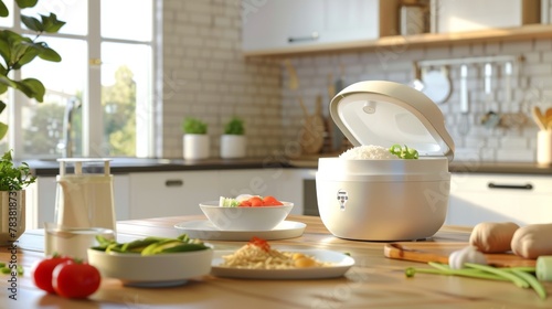 A white smart electric rice cooker ad with an open lid and steamed foods displayed on a kitchen table at home