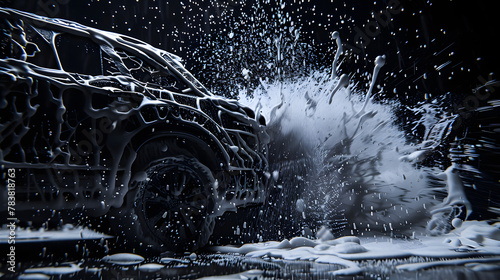 Black car in foam stands at the car wash. photo