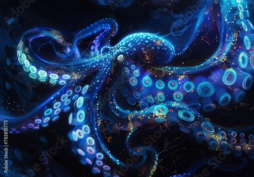 Imaginative portraits of marine predators like sharks, octopuses, or eels, portrayed in shadowy depths with bioluminescent accents and swirling, surreal patterns, reminiscent of creatures from the dep photo