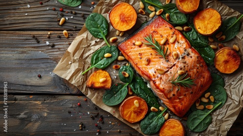  A salmon slice atop wax paper, peaches and sliced pine nuts beside it