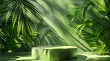 Detailed 3D illustration of a green product display podium with tropical leaves shadows and textured glass walls