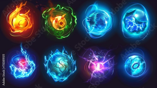 An energy ball with a crystal orb power icon. A sphere of light with a glow effect. A fireball with flames. A witch lighting electric element. A green fortune abstract bubble with plasma for toxic