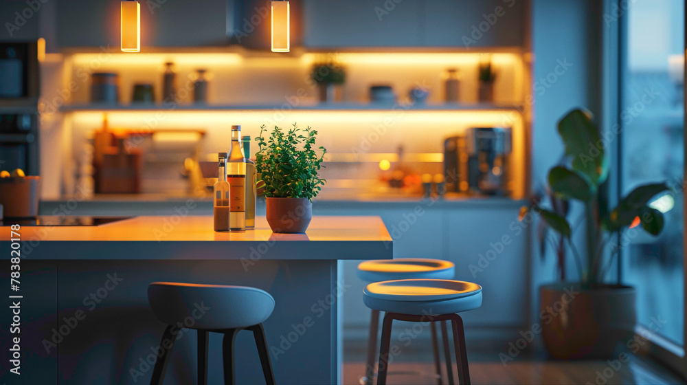 Close-up of a sleek and modern kitchen island with bar stools, modern interior design, scandinavian style hyperrealistic photography
