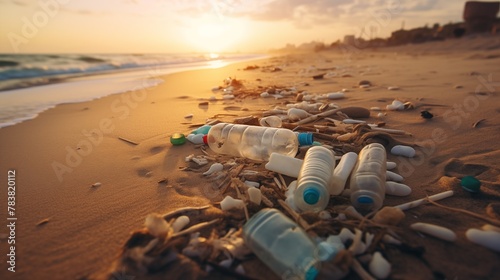 Pollution on sandy beach plastic waste scattered, raising environmental concerns about the impact on marine ecosystems and coastal communities. 
