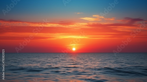 Coastal sunset Sun dips below horizon, casting colorful hues, painting a breathtaking panorama across the tranquil seascape, a scene of serene beauty. 