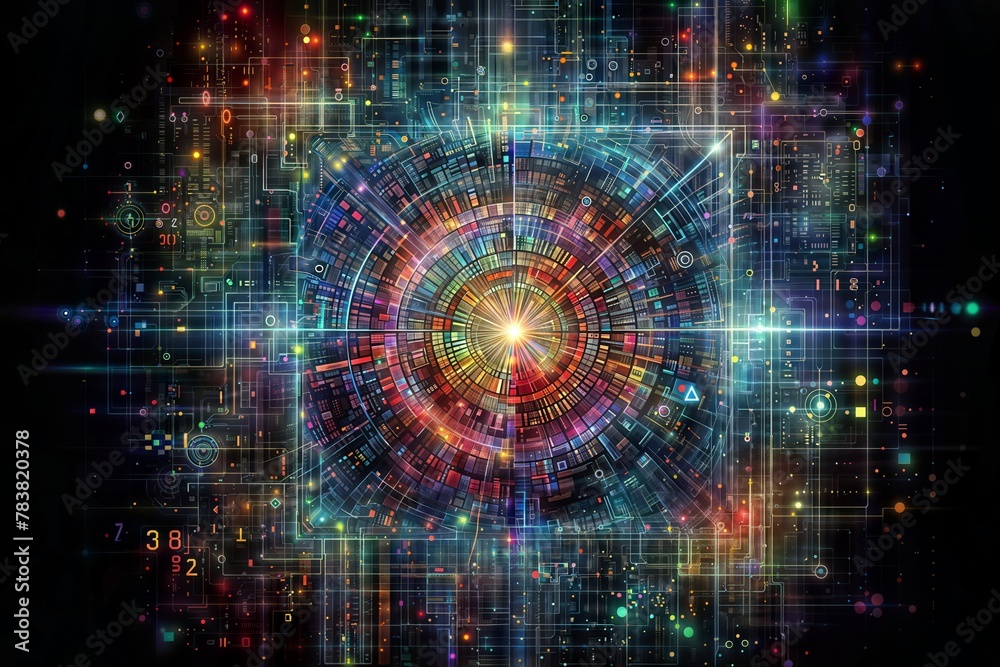 Fototapeta premium A fantastical, visually captivating digital illustration depicting a radiant, multicolored vortex or portal surrounded by intricate, detailed cyberpunk-inspired technological elements.