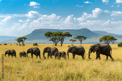 A herd of elephants on the African savannah, with baby elephants and adults in different positions