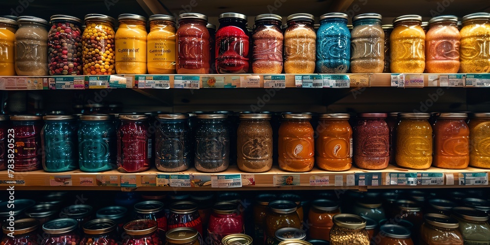 Organized shelf of canned food for emergency, close-up, clear detail, cool hues