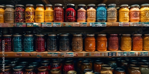 Organized shelf of canned food for emergency, close-up, clear detail, cool hues