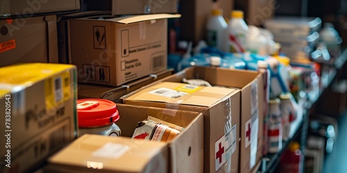 Emergency supplies in labeled boxes, close-up, high contrast, bright lighting