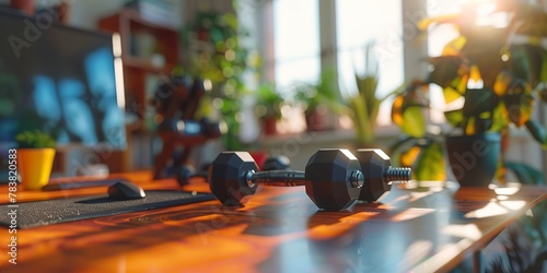 Desk with a small dumbbell set on one side, motivational, close-up, bright light 
