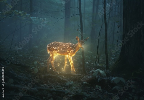 Photographs of forest-dwelling animals like deer  bears  or foxes  enveloped in an atmosphere of mist and shadow  with surreal elements like glowing mushrooms or spectral wisps  creating an eerie yet 